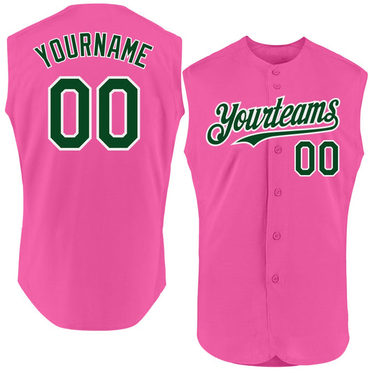 Custom Pink Green-White Authentic Sleeveless Baseball Jersey - Main View