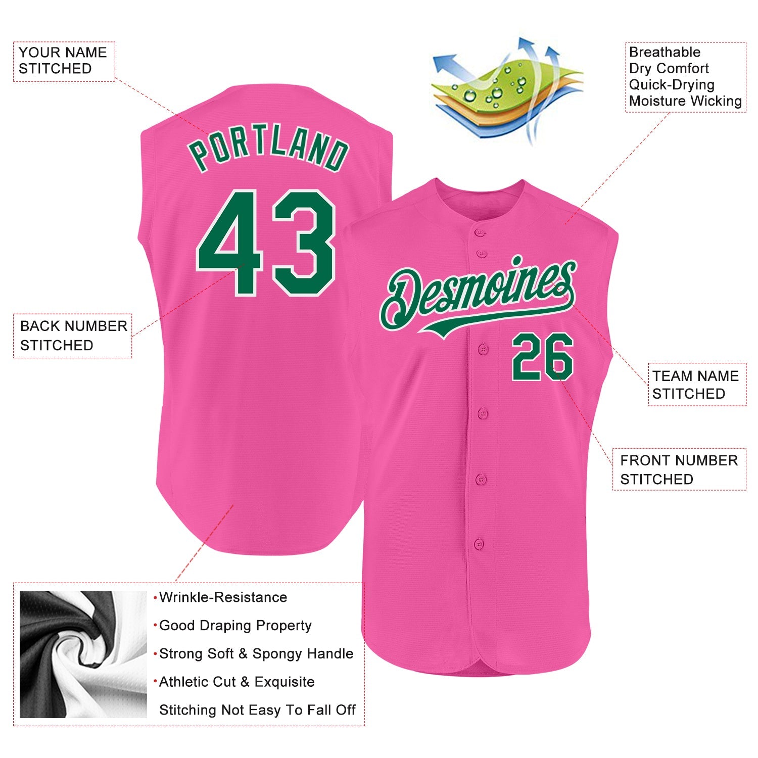 Custom Pink Kelly Green-White Authentic Sleeveless Baseball Jersey view 2
