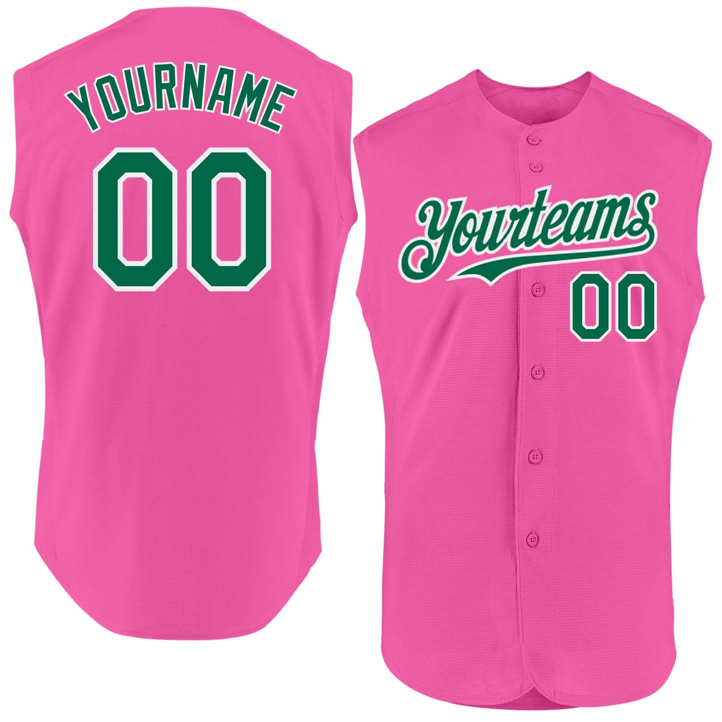 Custom Pink Kelly Green-White Authentic Sleeveless Baseball Jersey - Main View