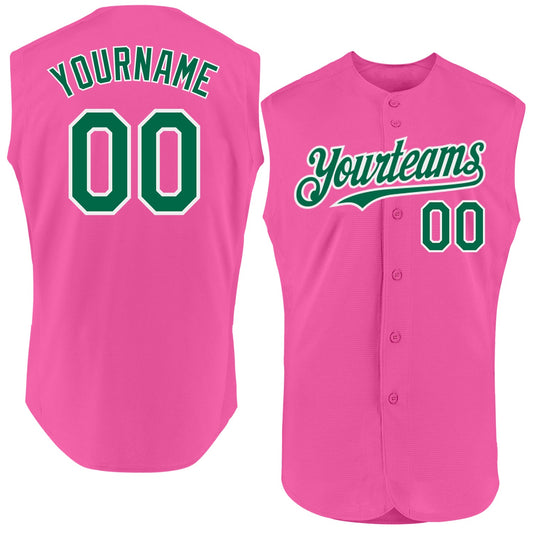 Custom Pink Kelly Green-White Authentic Sleeveless Baseball Jersey - Main View
