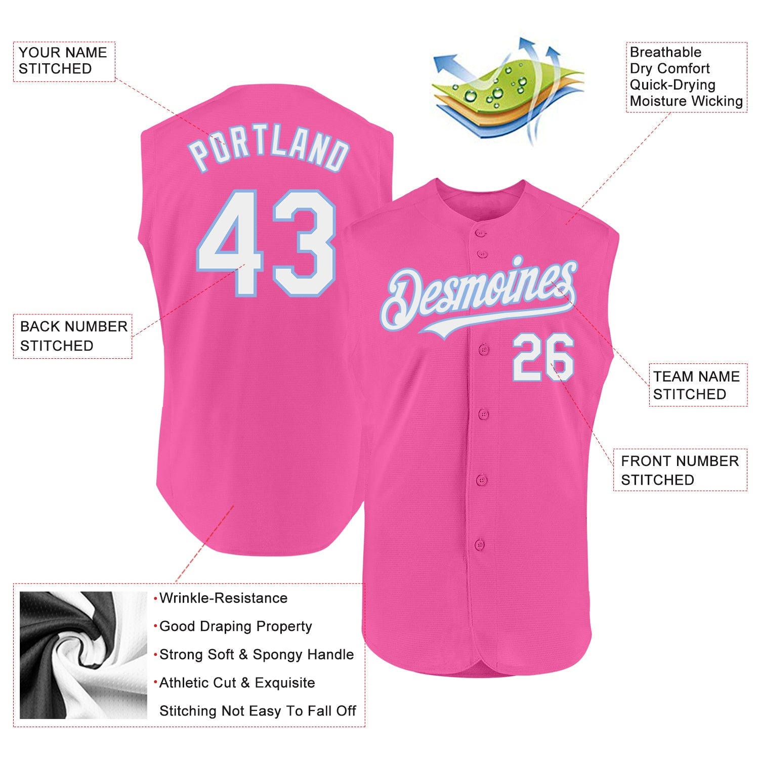 Custom Pink White-Light Blue Authentic Sleeveless Baseball Jersey view 2