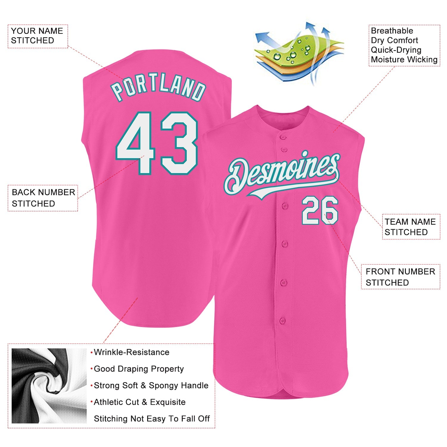 Custom Pink White-Teal Authentic Sleeveless Baseball Jersey view 2