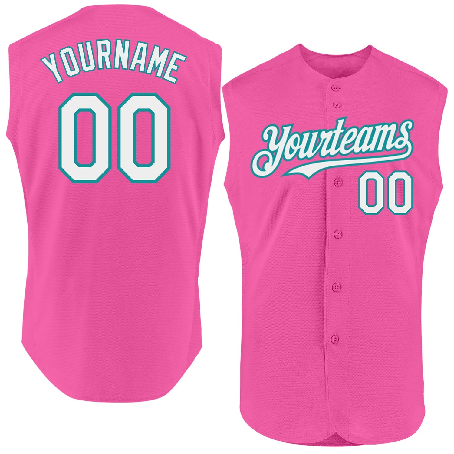 Custom Pink White-Teal Authentic Sleeveless Baseball Jersey - Main View