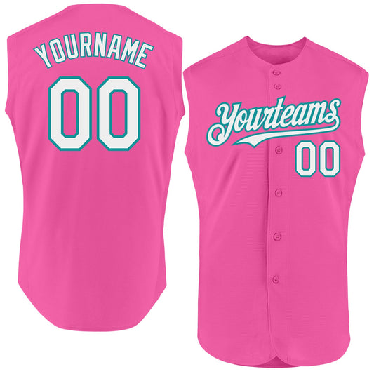 Custom Pink White-Teal Authentic Sleeveless Baseball Jersey - Main View