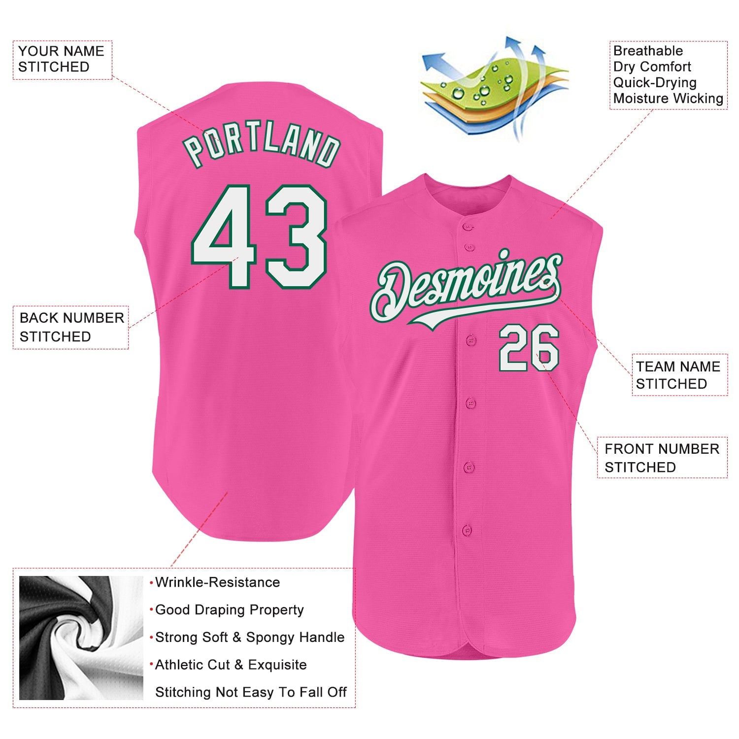 Custom Pink White-Kelly Green Authentic Sleeveless Baseball Jersey view 2