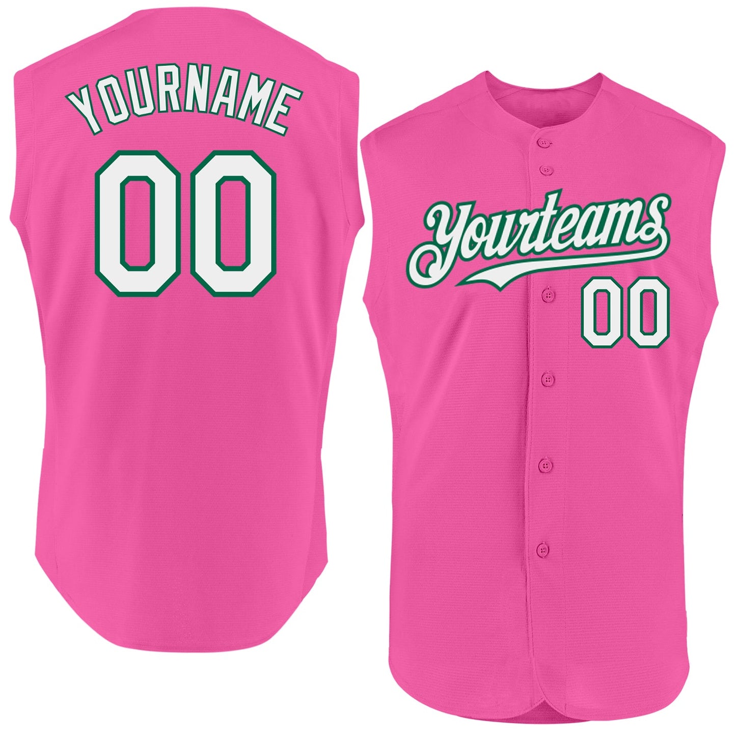 Custom Pink White-Kelly Green Authentic Sleeveless Baseball Jersey - Main View