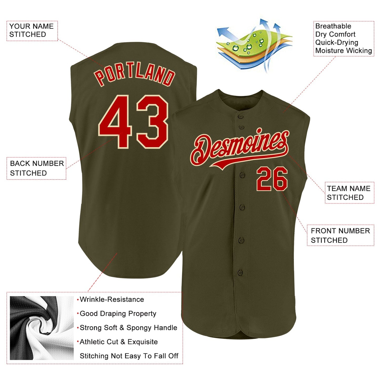 Custom Olive Red-Cream Authentic Sleeveless Salute To Service Baseball Jersey view 2
