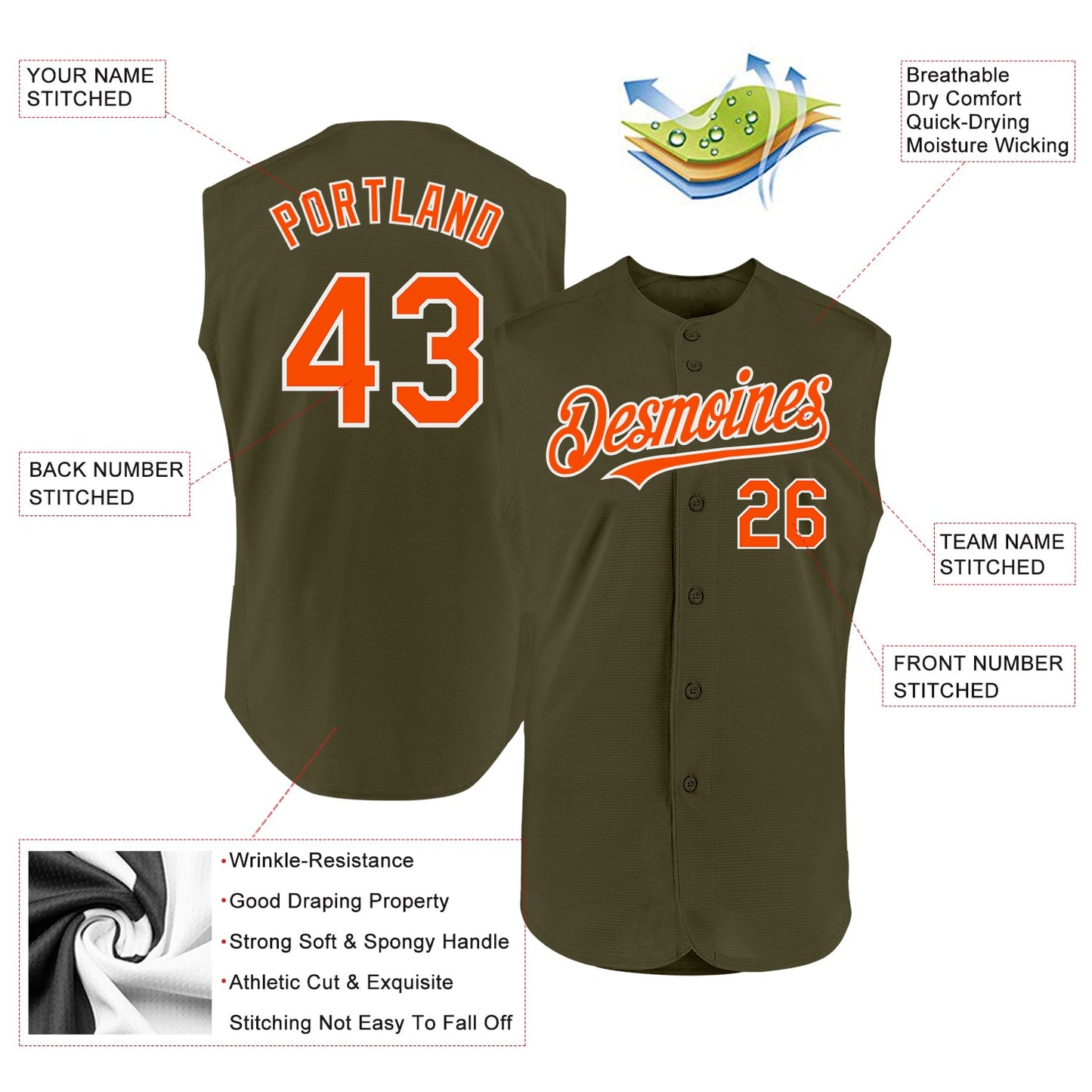 Custom Olive Orange-White Authentic Sleeveless Salute To Service Baseball Jersey view 2