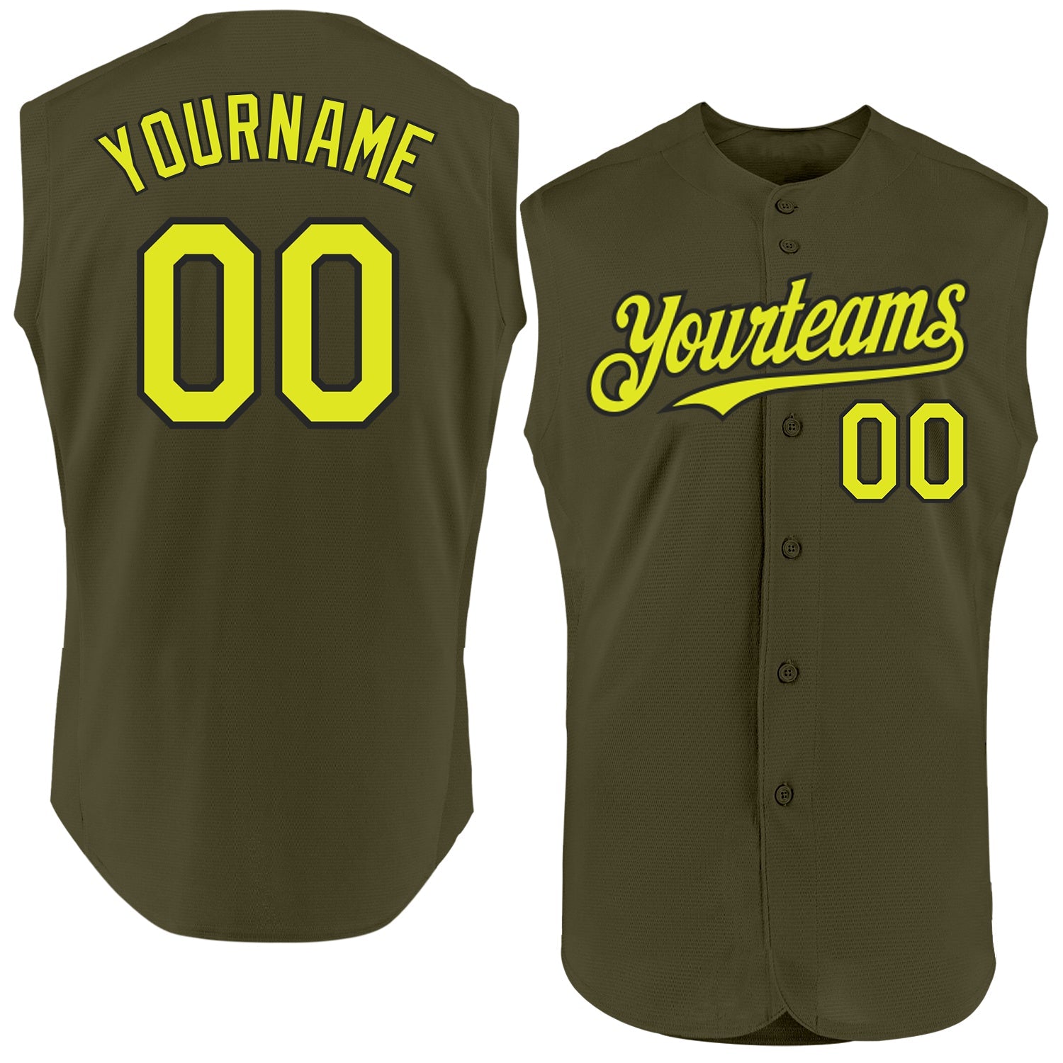 Custom Olive Neon Yellow-Black Authentic Sleeveless Salute To Service Baseball Jersey - Main View