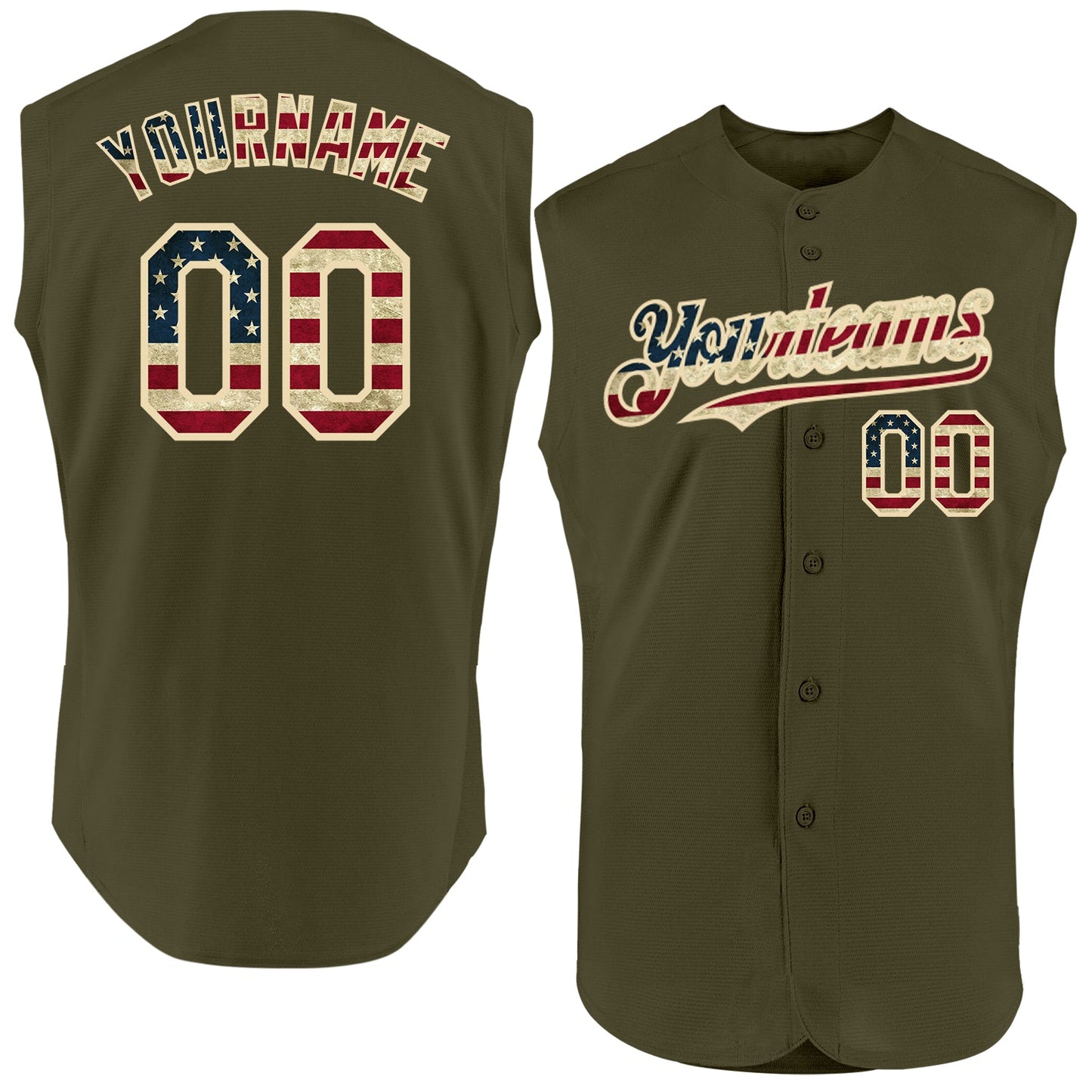 Custom Olive Vintage USA Flag-Cream Authentic Sleeveless Salute To Service Baseball Jersey - Main View