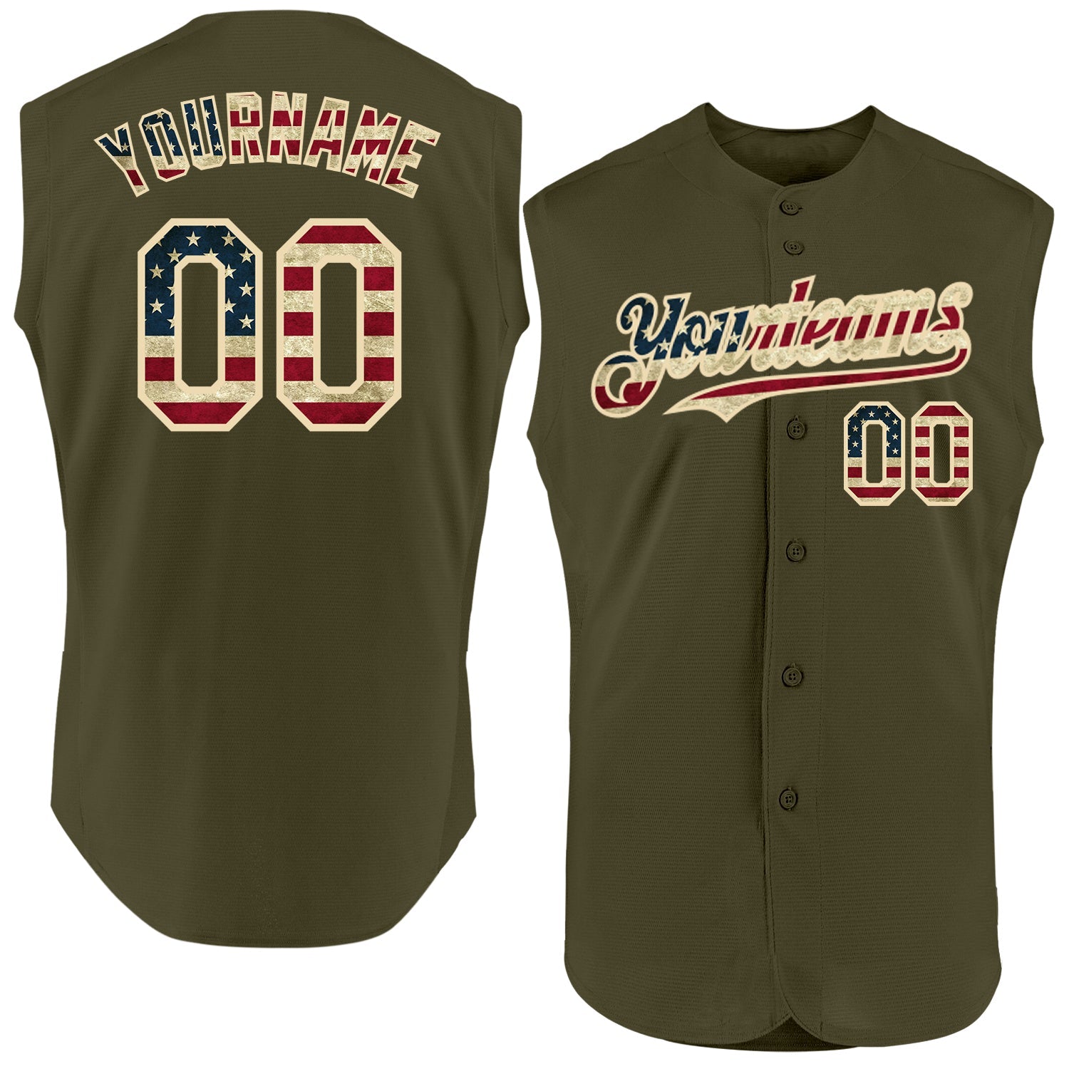 Custom Olive Vintage USA Flag-Cream Authentic Sleeveless Salute To Service Baseball Jersey - Main View