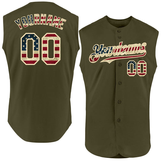 Custom Olive Vintage USA Flag-Cream Authentic Sleeveless Salute To Service Baseball Jersey - Main View