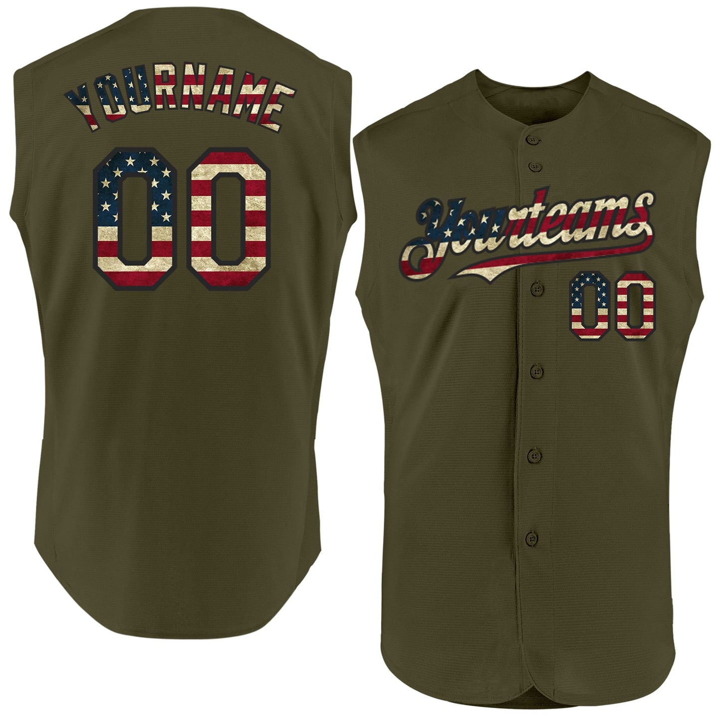 Custom Olive Vintage USA Flag-Black Authentic Sleeveless Salute To Service Baseball Jersey - Main View