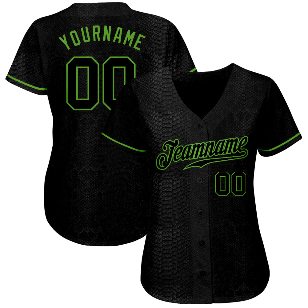 Custom Black Snakeskin Black-Neon Green 3D Pattern Design Authentic Baseball Jersey view 2