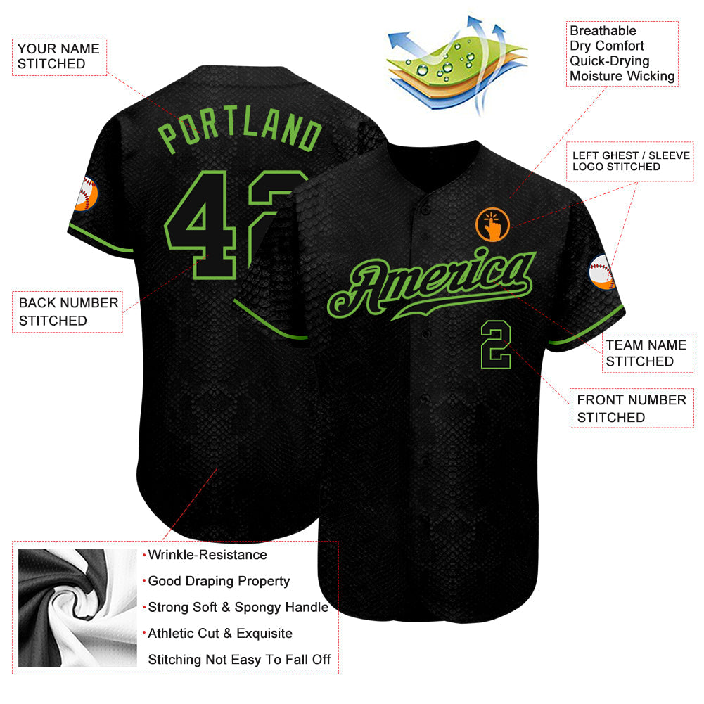 Custom Black Snakeskin Black-Neon Green 3D Pattern Design Authentic Baseball Jersey view 3