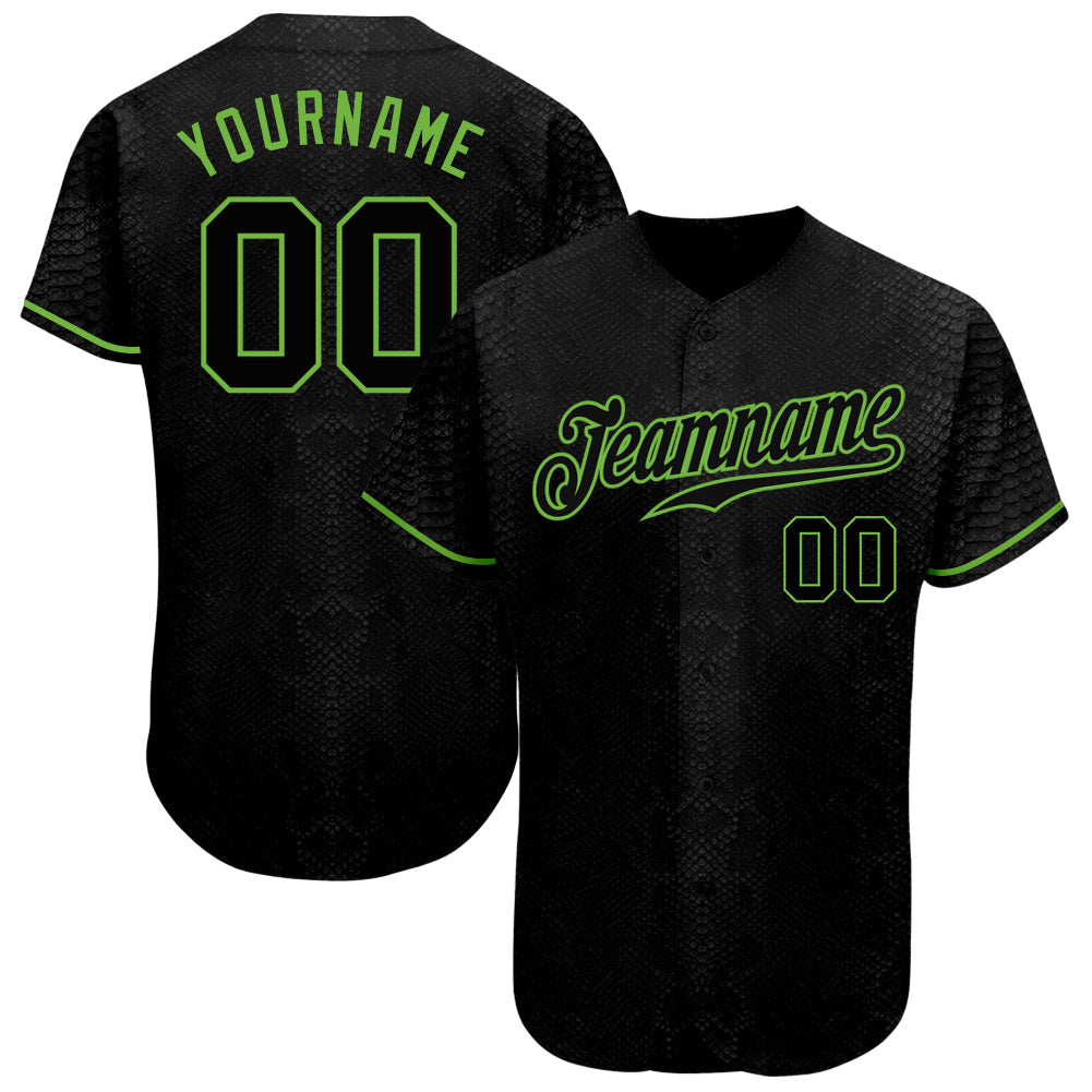 Custom Black Snakeskin Black-Neon Green 3D Pattern Design Authentic Baseball Jersey - Main View