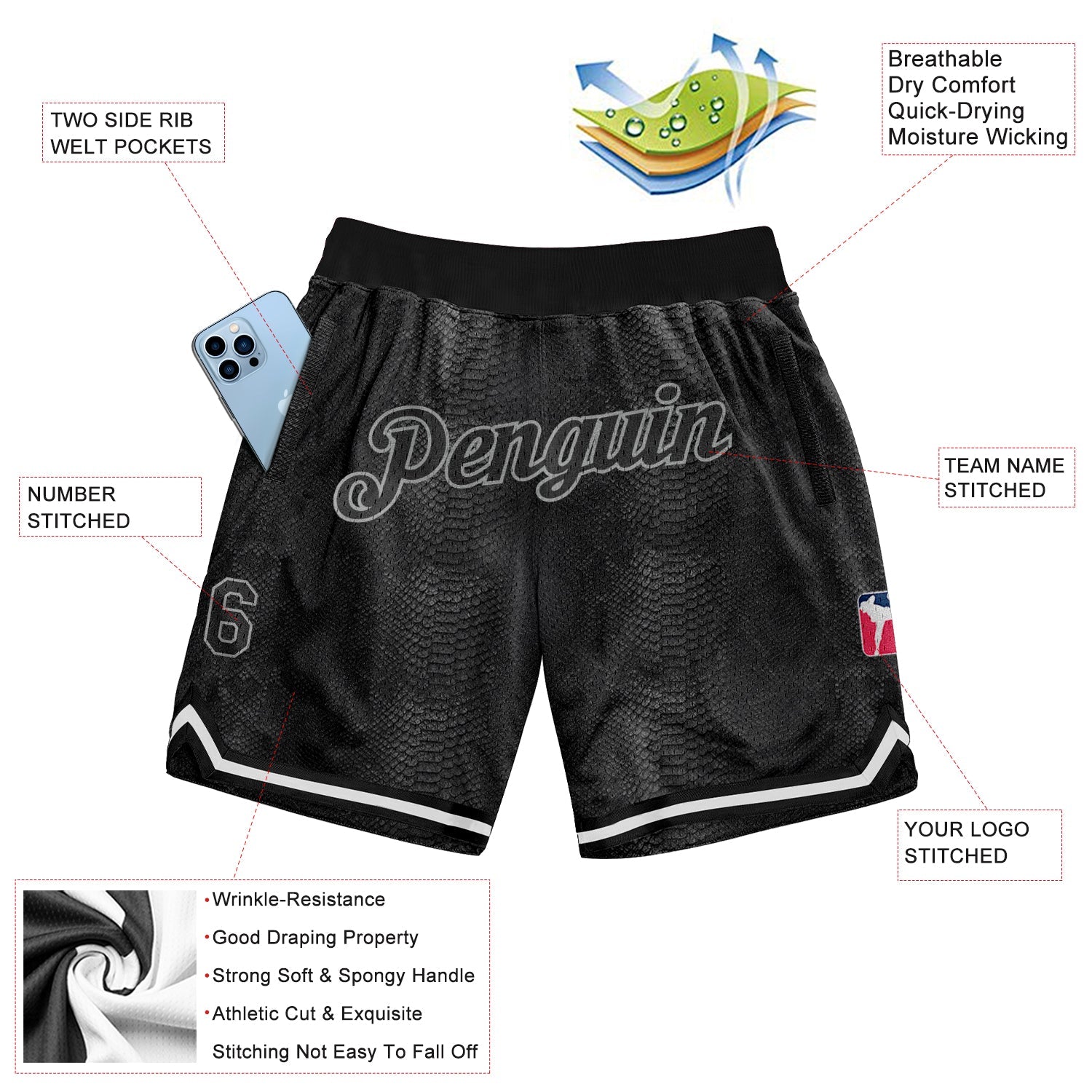 Custom Black Snakeskin Black-Gray 3D Pattern Design Authentic Basketball Shorts view 2