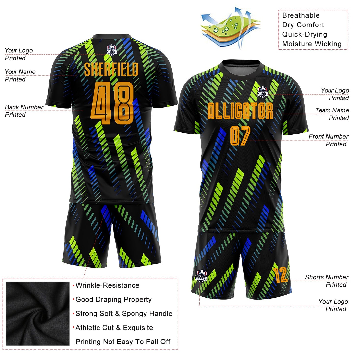 Custom Black Gold-Neon Green Sublimation Soccer Uniform Jersey view 3