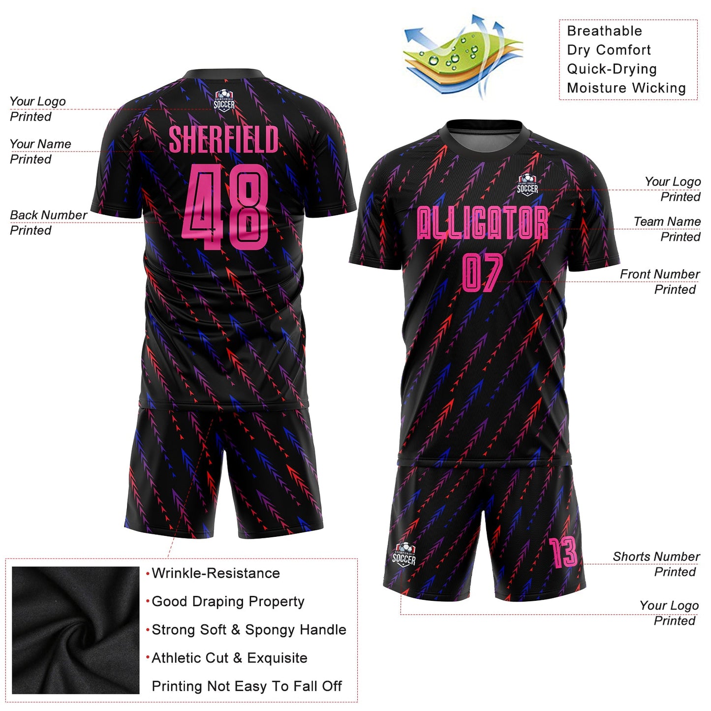 Custom Black Pink-Orange Sublimation Soccer Uniform Jersey view 3