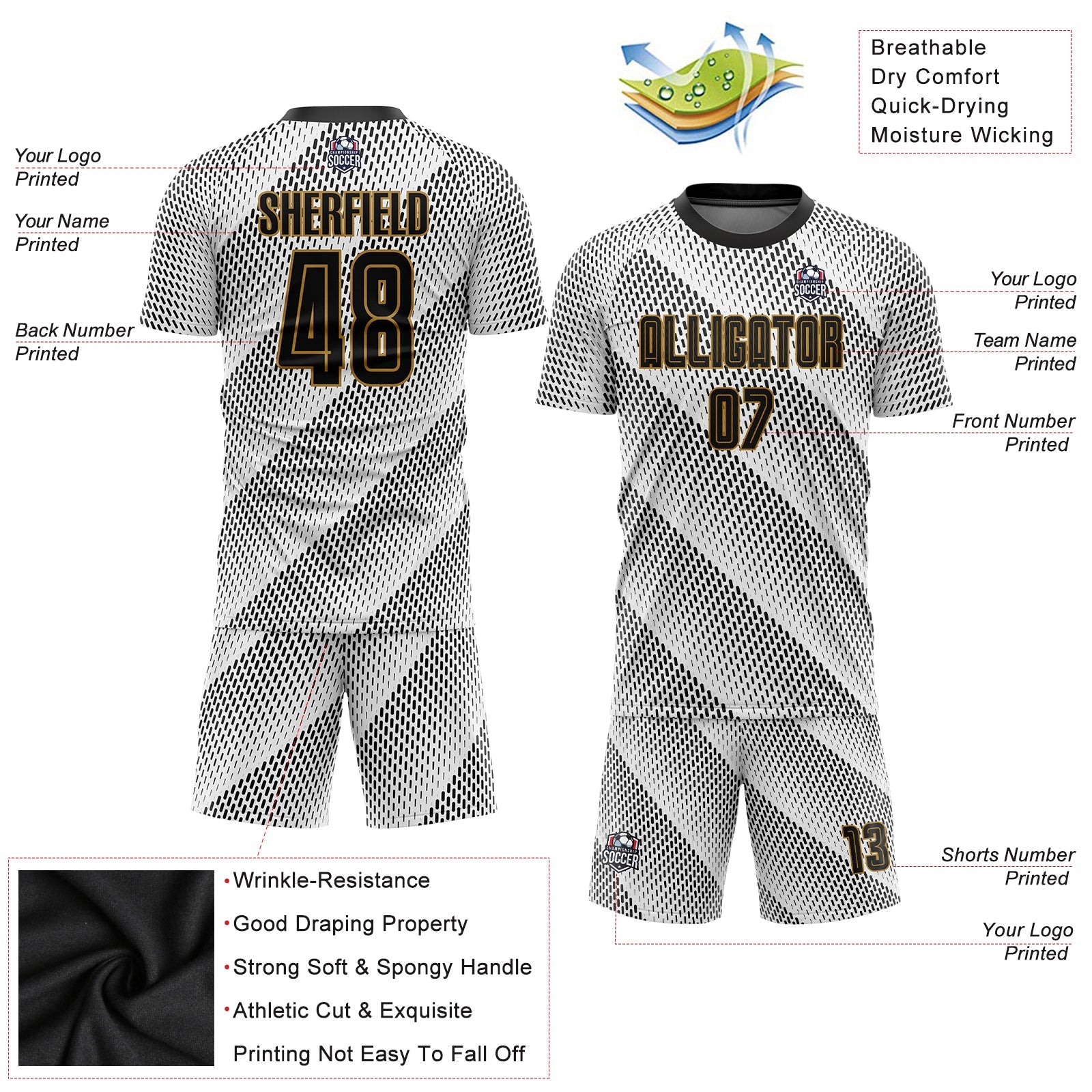 Custom White Black-Old Gold Sublimation Soccer Uniform Jersey view 3