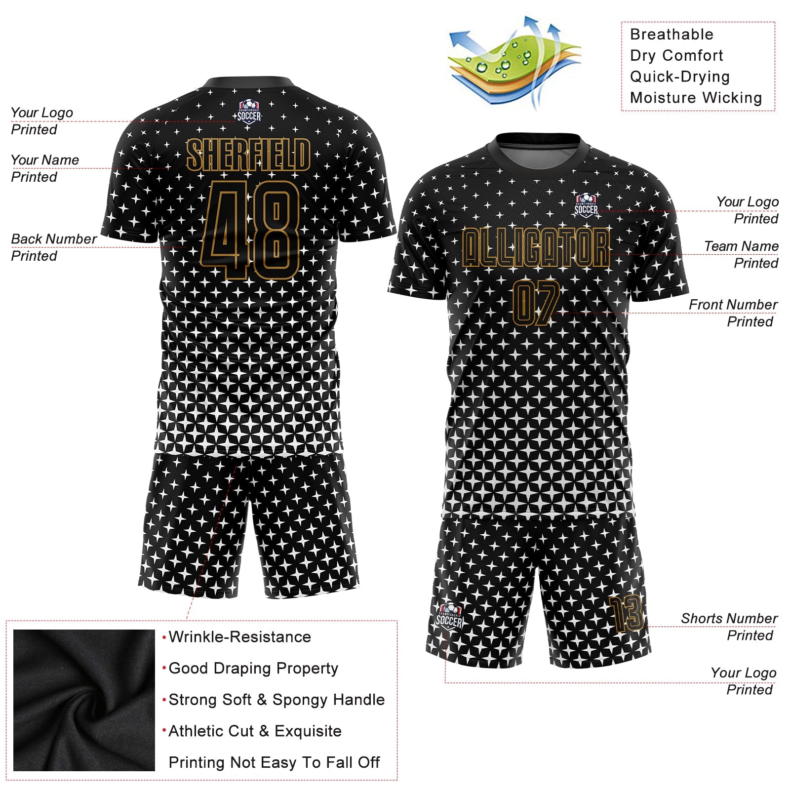 Custom Black Old Gold-White Sublimation Soccer Uniform Jersey view 3