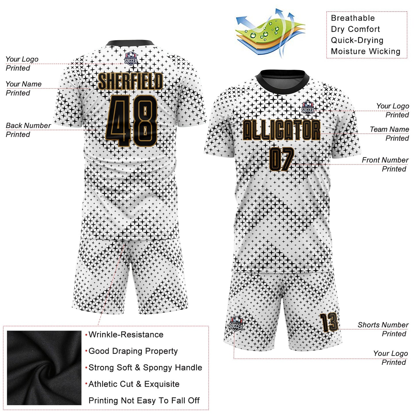 Custom White Black-Old Gold Sublimation Soccer Uniform Jersey view 3