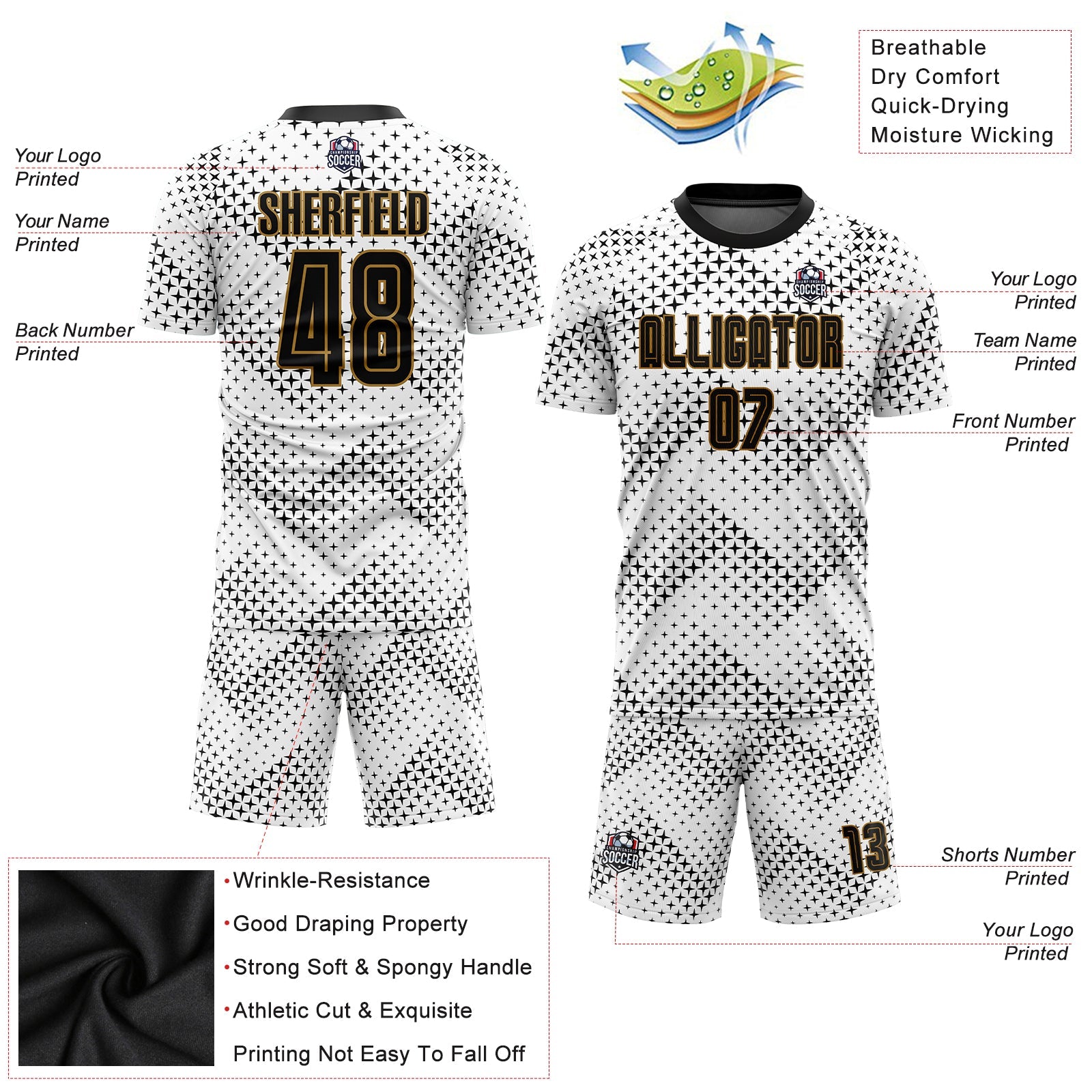 Custom White Black-Old Gold Sublimation Soccer Uniform Jersey view 3