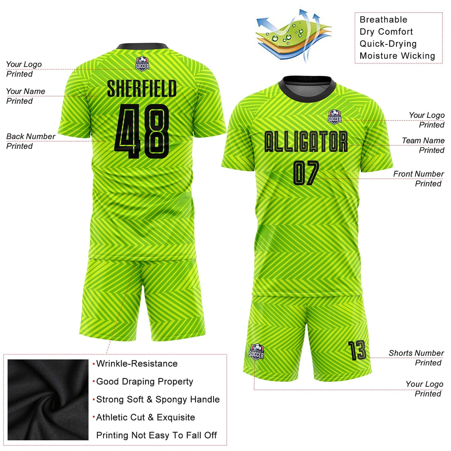 Custom Neon Green Black Sublimation Soccer Uniform Jersey view 5