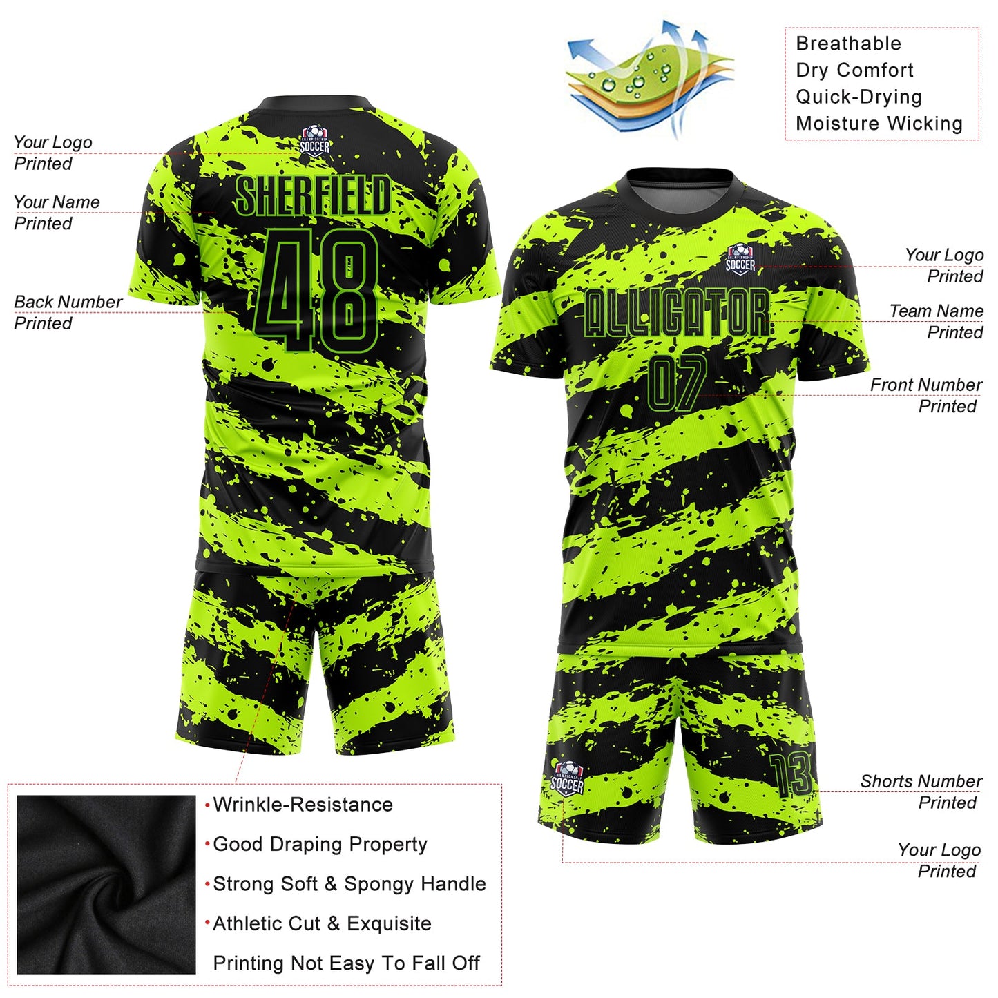 Custom Neon Green Black Sublimation Soccer Uniform Jersey view 5