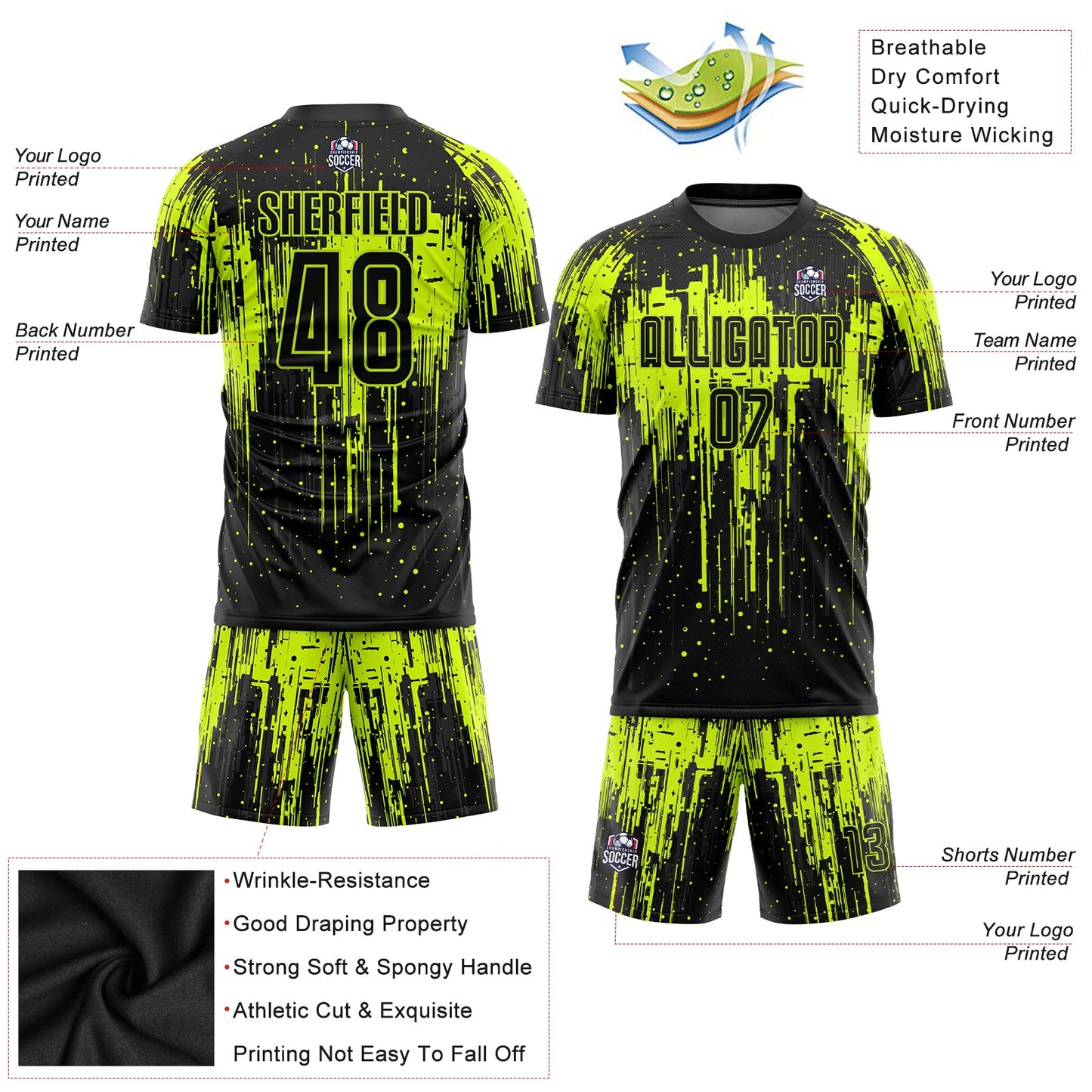 Custom Neon Green Black Sublimation Soccer Uniform Jersey view 5
