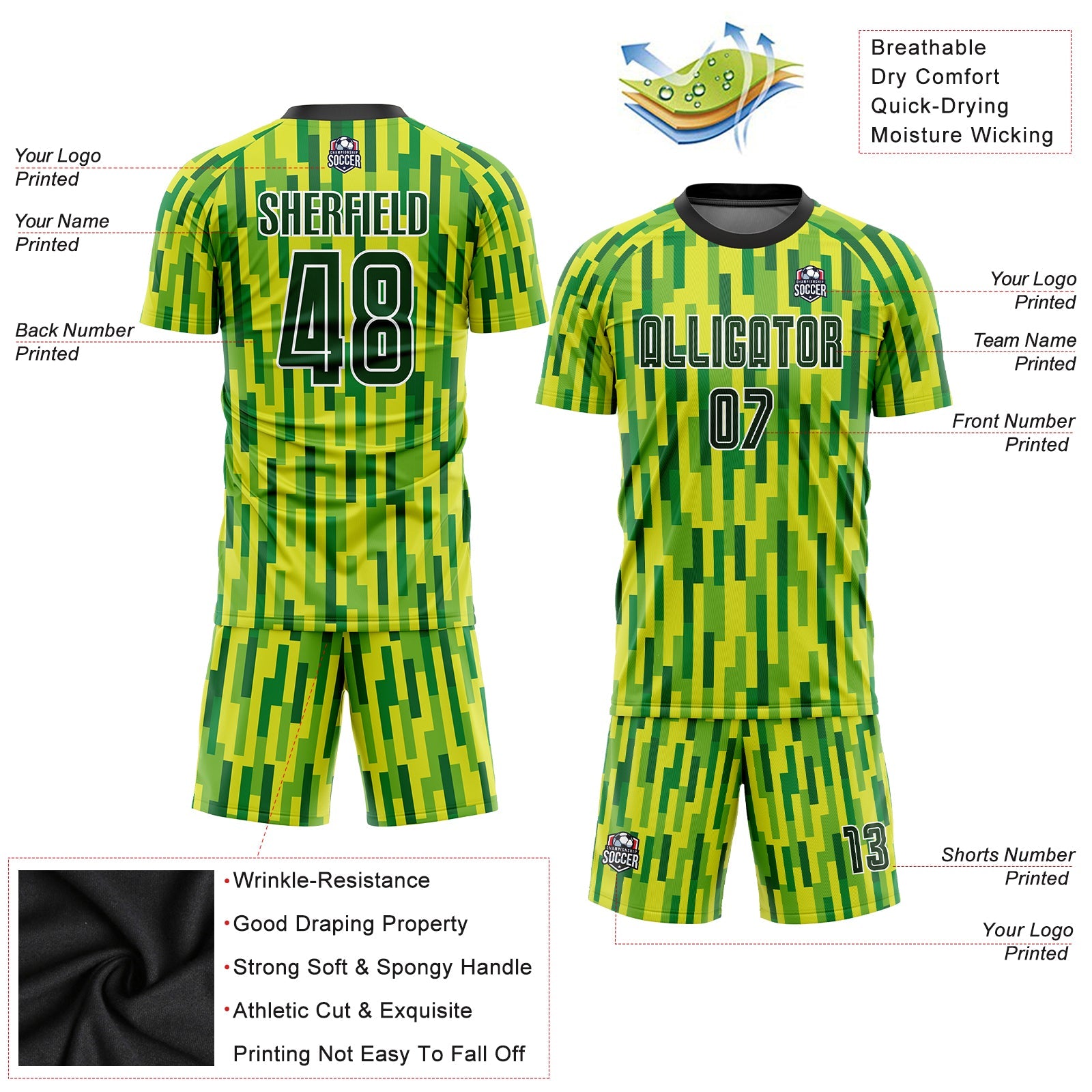 Custom Neon Green Green-Gold Sublimation Soccer Uniform Jersey view 3