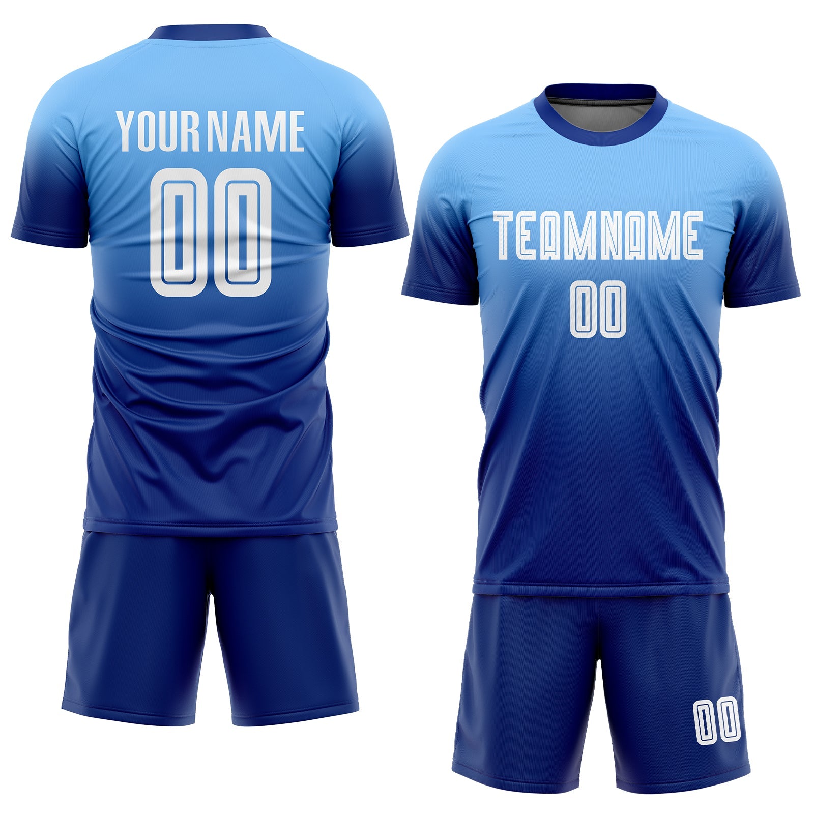 Custom Light Blue White-Royal Sublimation Fade Fashion Soccer Uniform Jersey view 2