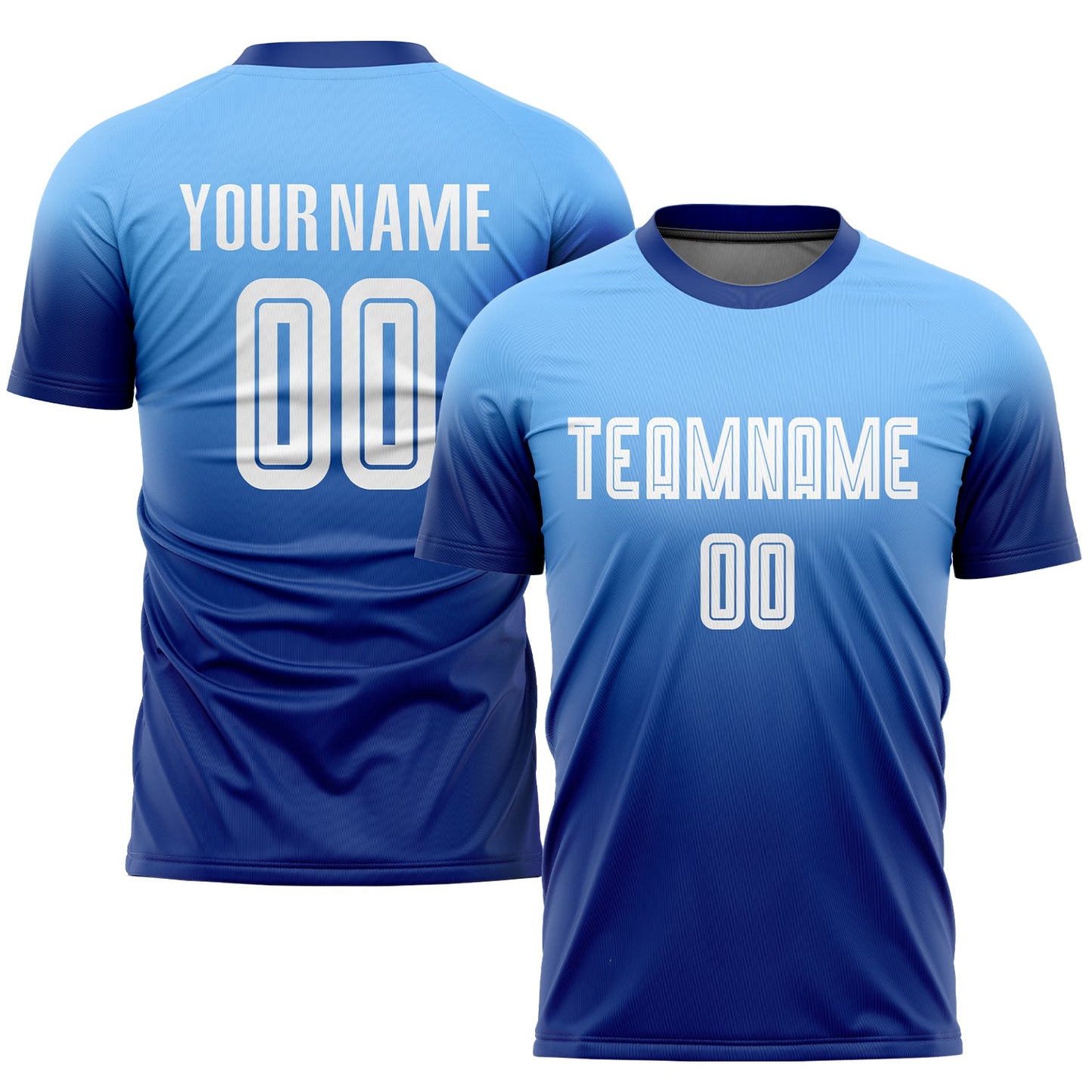 Custom Light Blue White-Royal Sublimation Fade Fashion Soccer Uniform Jersey - Main View
