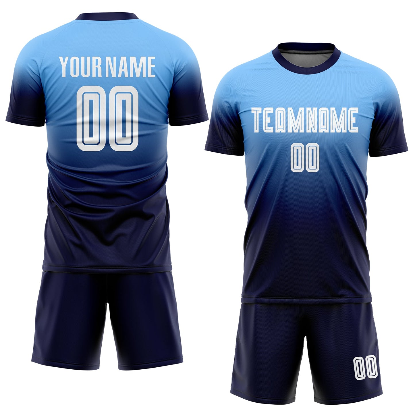 Custom Light Blue White-Navy Sublimation Fade Fashion Soccer Uniform Jersey view 2