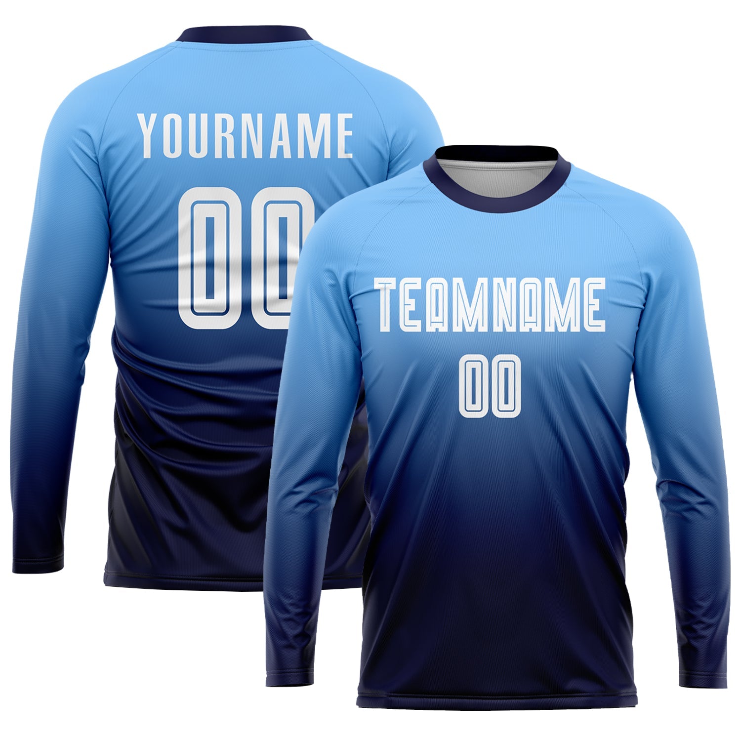 Custom Light Blue White-Navy Sublimation Fade Fashion Soccer Uniform Jersey view 3