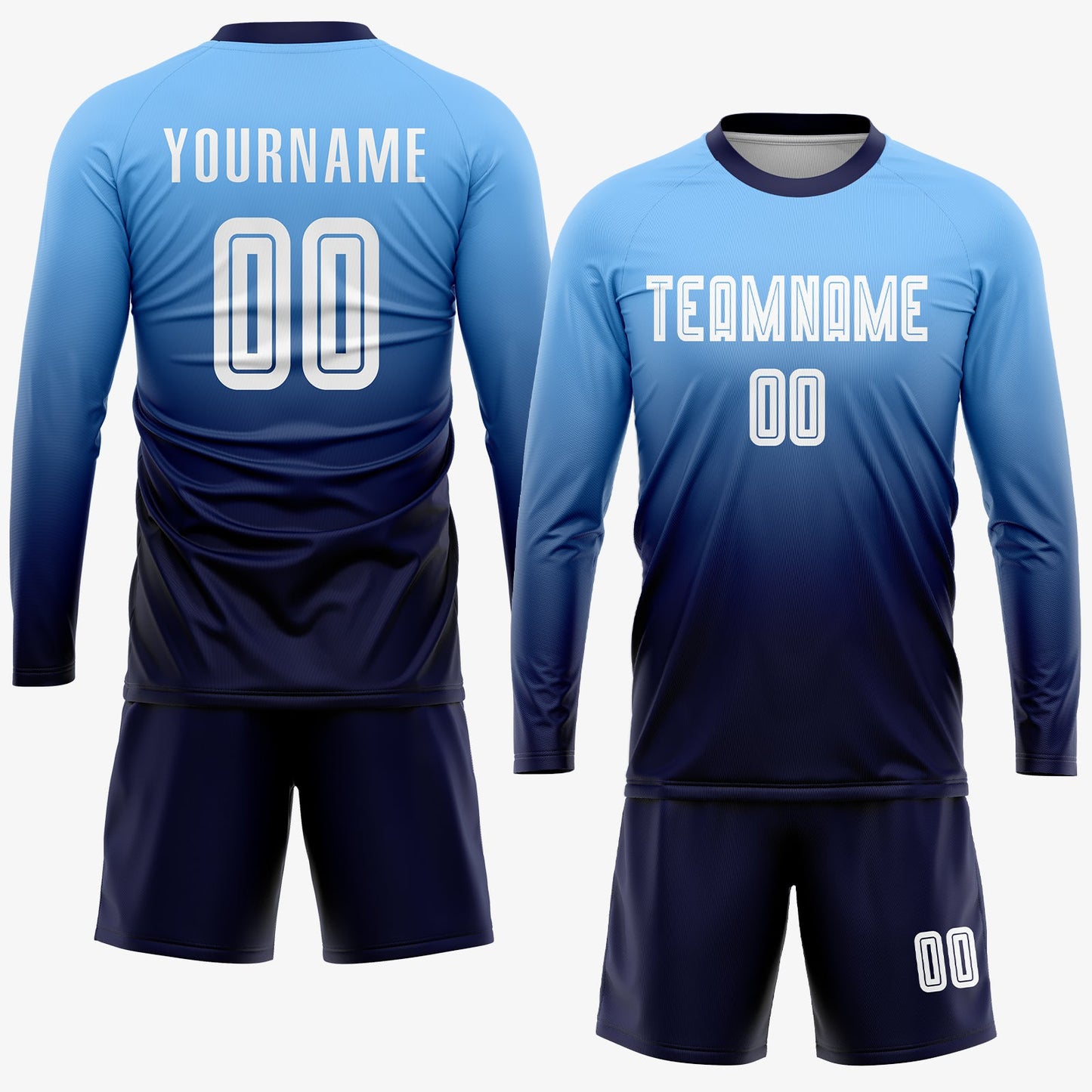 Custom Light Blue White-Navy Sublimation Fade Fashion Soccer Uniform Jersey view 4