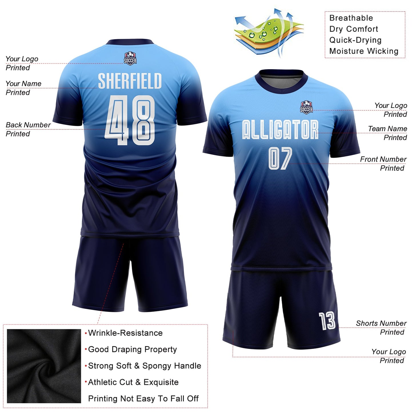 Custom Light Blue White-Navy Sublimation Fade Fashion Soccer Uniform Jersey view 6