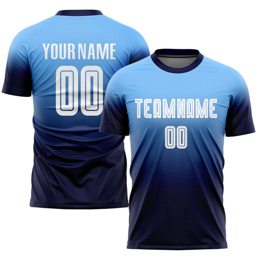 Custom Light Blue White-Navy Sublimation Fade Fashion Soccer Uniform Jersey - Main View