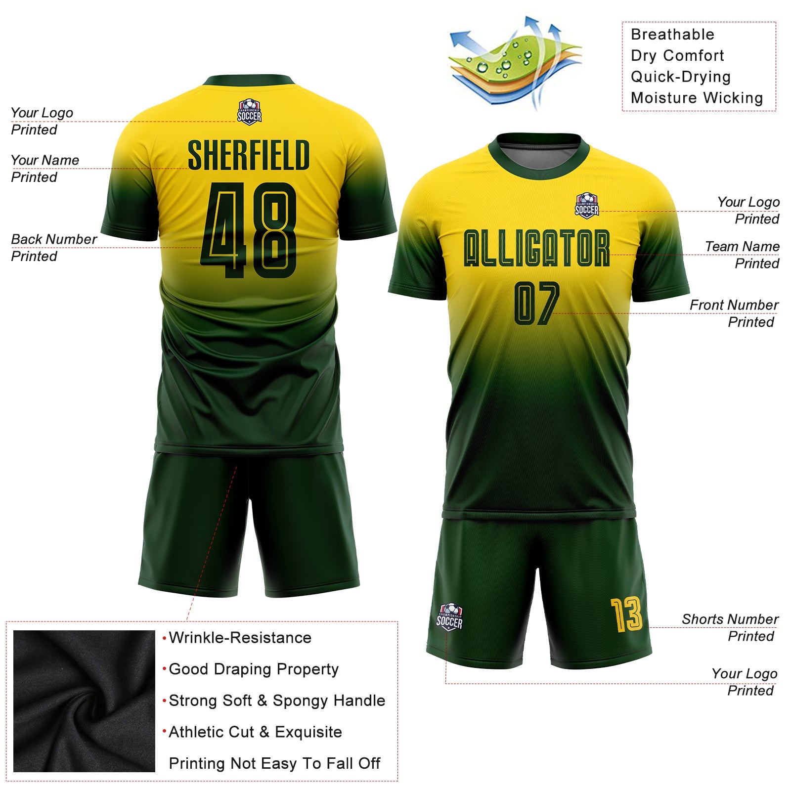 Custom Gold Green Sublimation Fade Fashion Soccer Uniform Jersey view 3