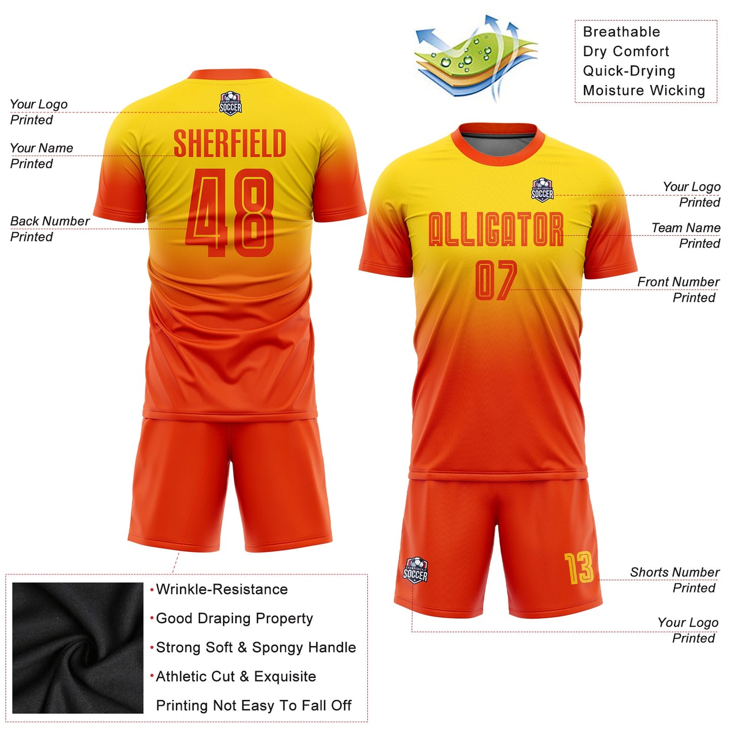 Custom Gold Orange Sublimation Fade Fashion Soccer Uniform Jersey view 3