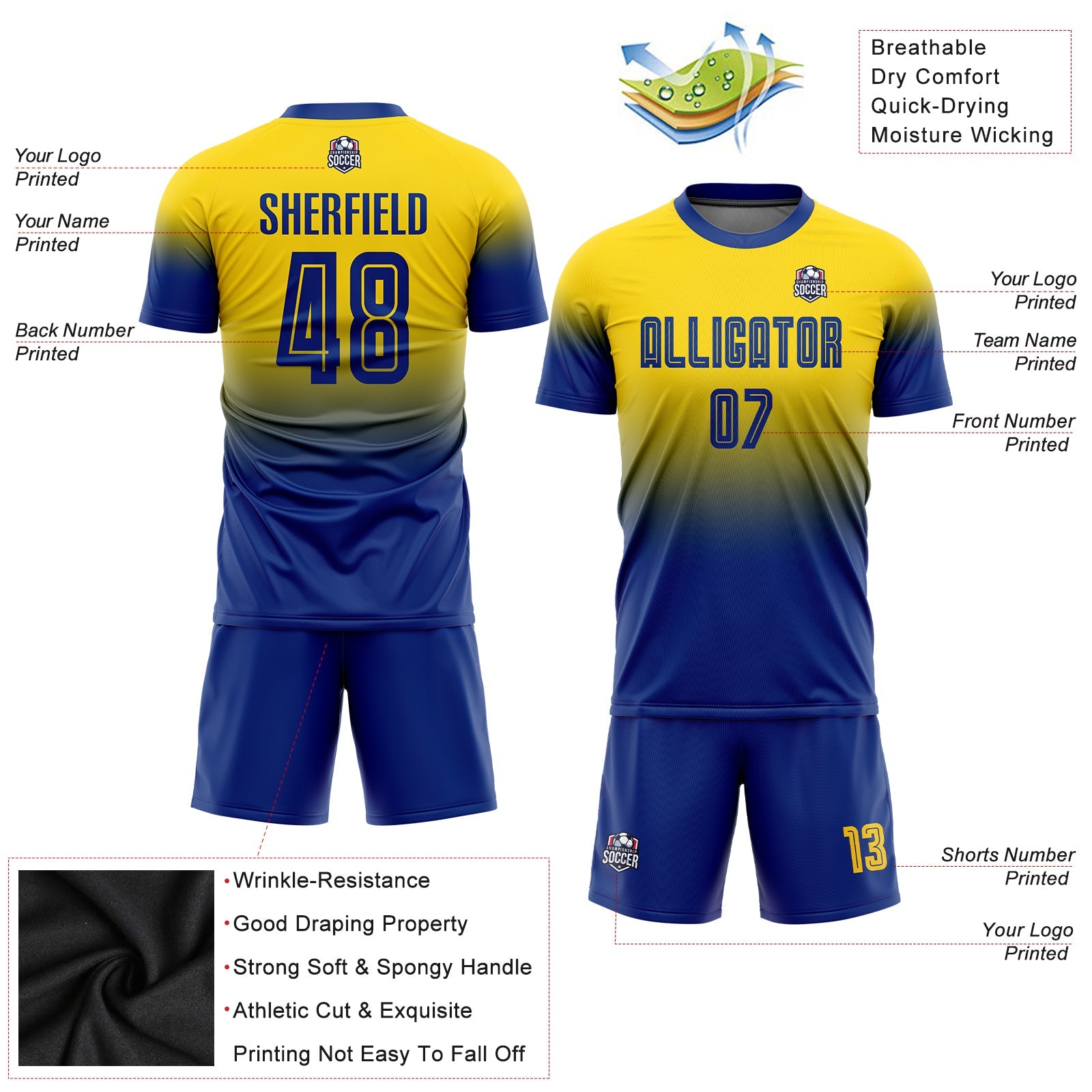 Custom Gold Royal Sublimation Fade Fashion Soccer Uniform Jersey view 6
