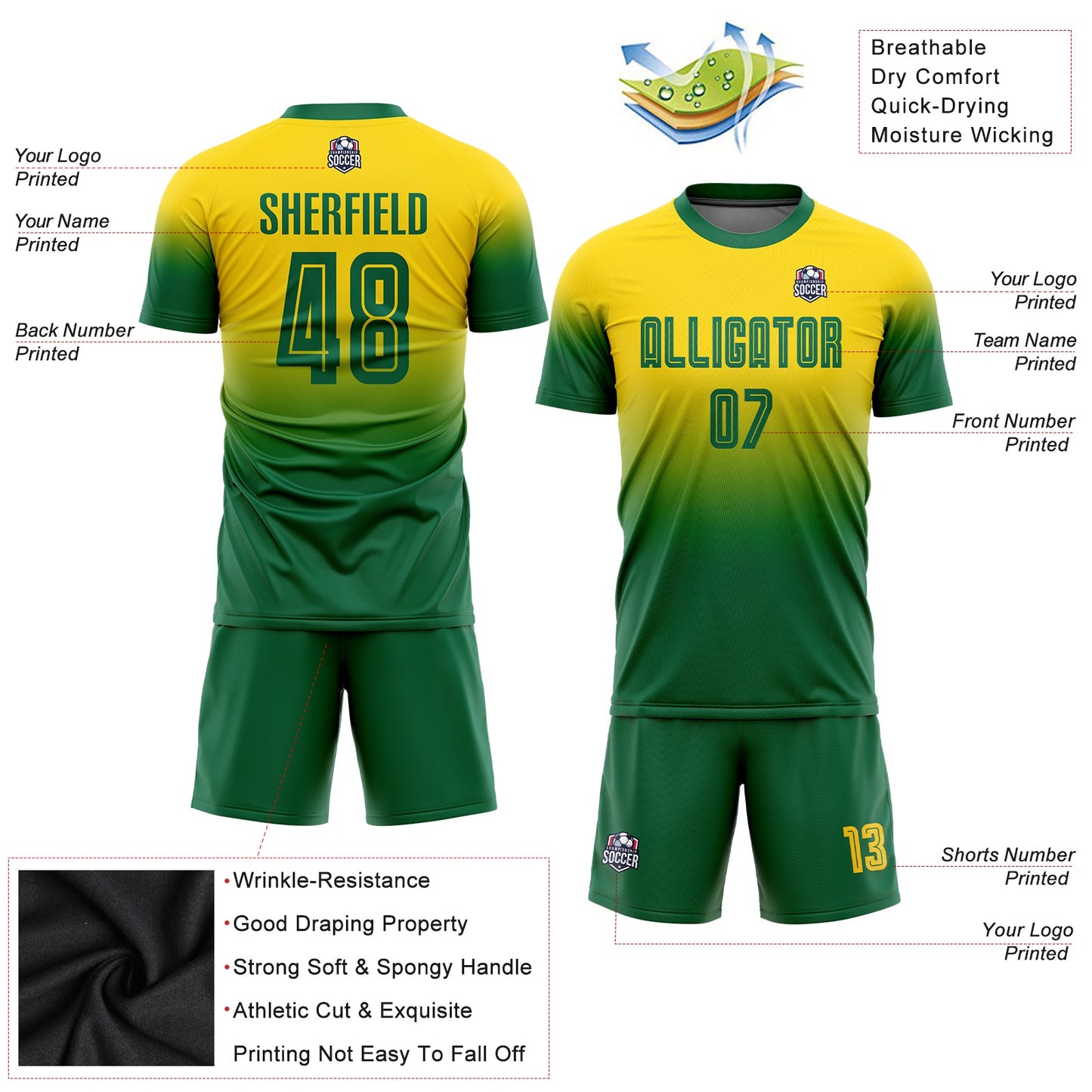 Custom Gold Kelly Green Sublimation Fade Fashion Soccer Uniform Jersey view 6