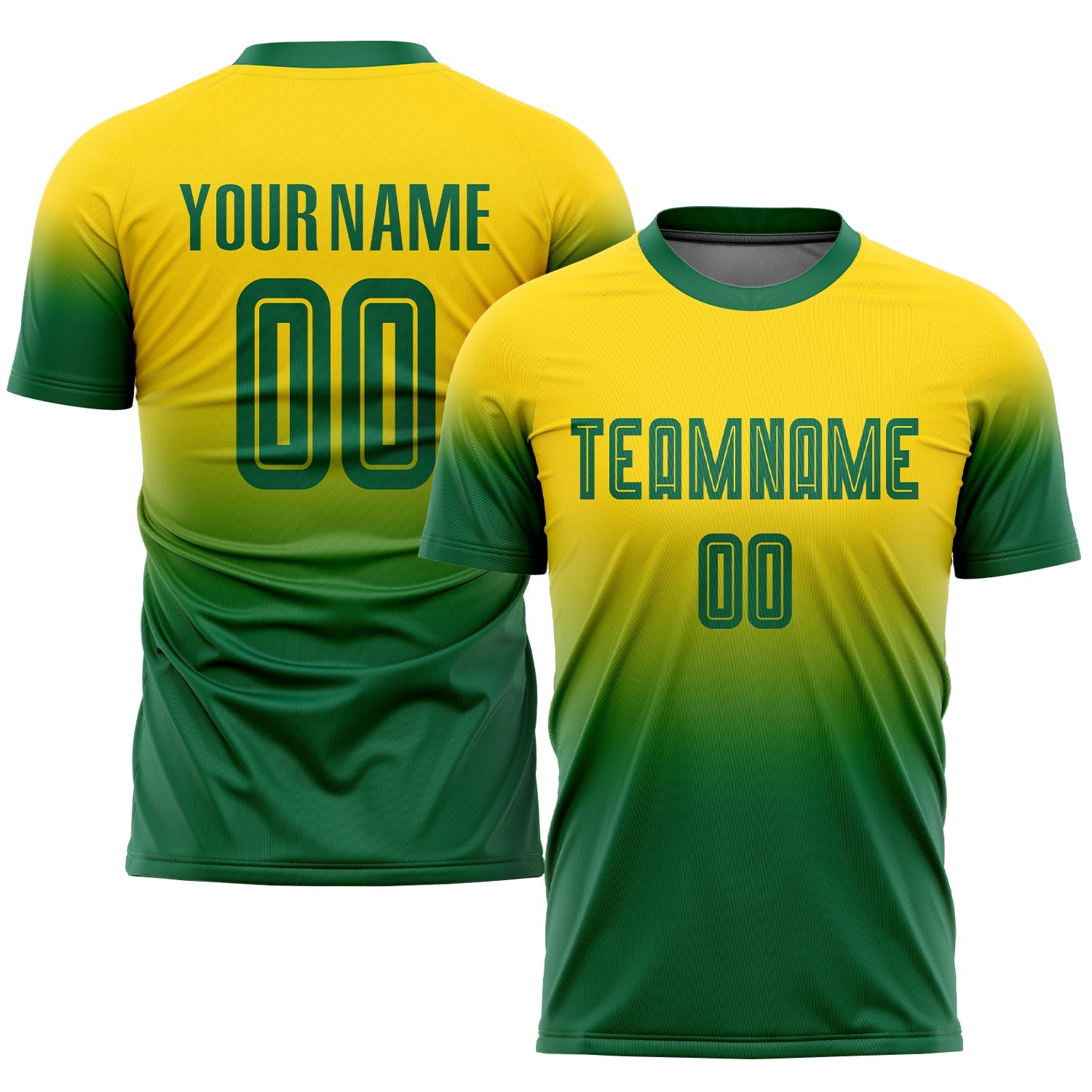 Custom Gold Kelly Green Sublimation Fade Fashion Soccer Uniform Jersey - Main View
