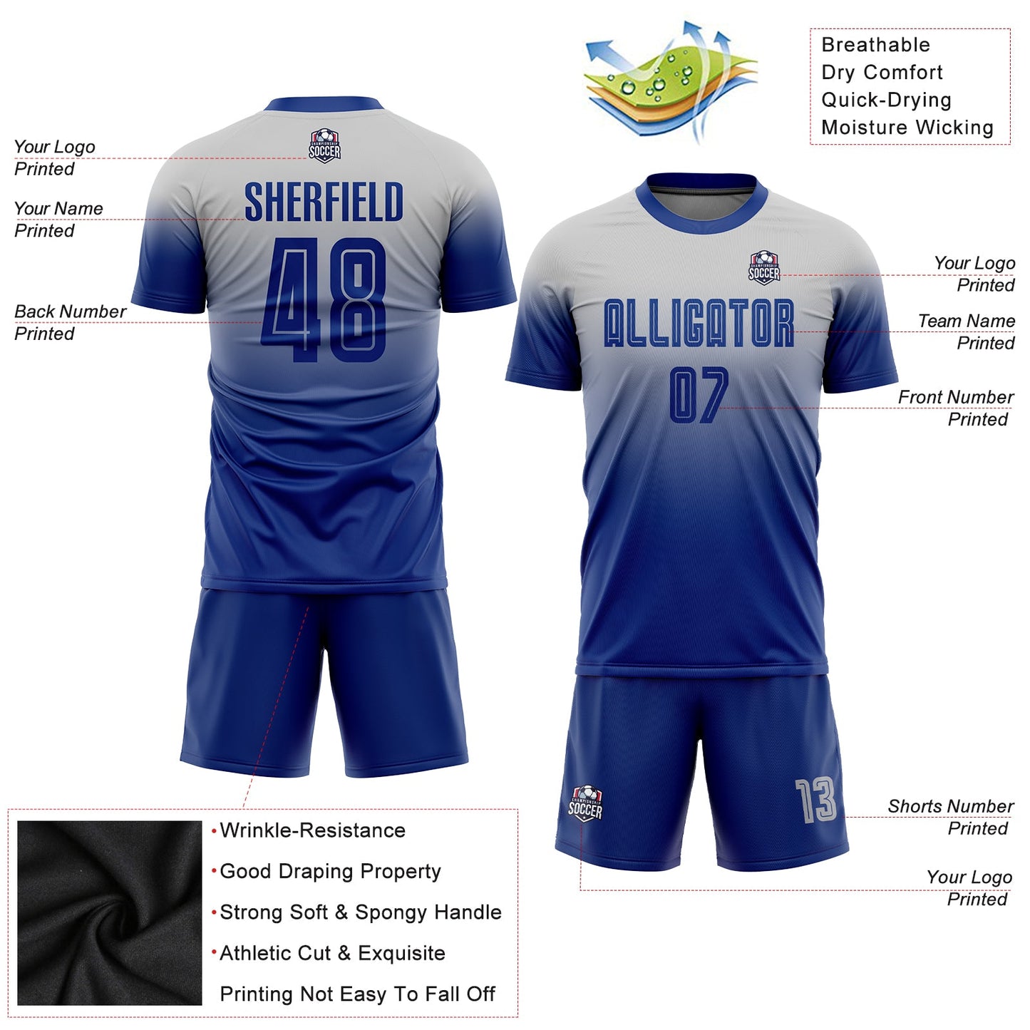 Custom Gray Royal Sublimation Fade Fashion Soccer Uniform Jersey view 3