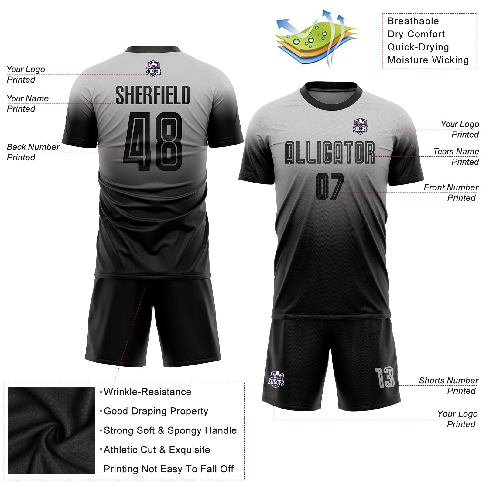 Custom Gray Black Sublimation Fade Fashion Soccer Uniform Jersey view 6