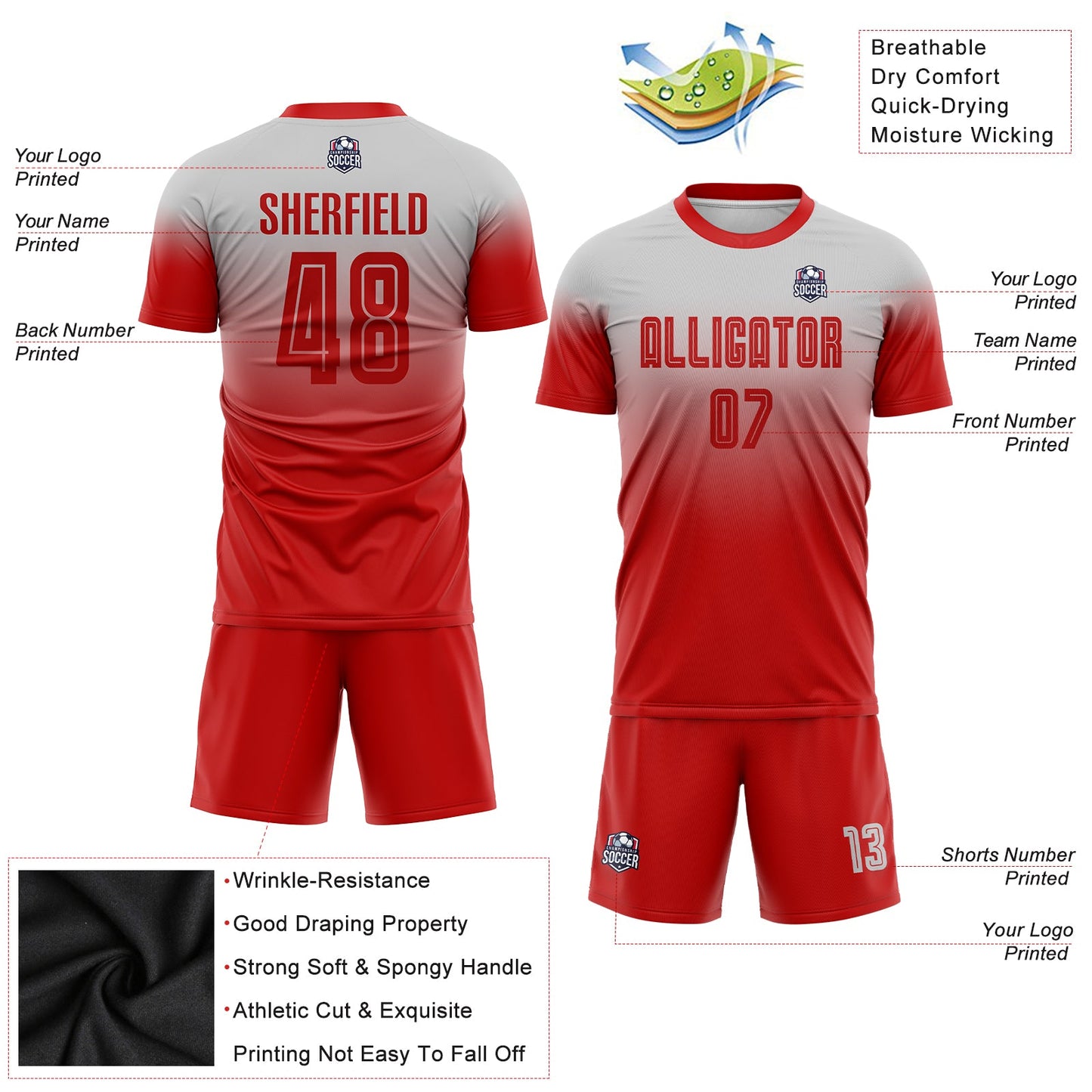 Custom Gray Red Sublimation Fade Fashion Soccer Uniform Jersey view 3