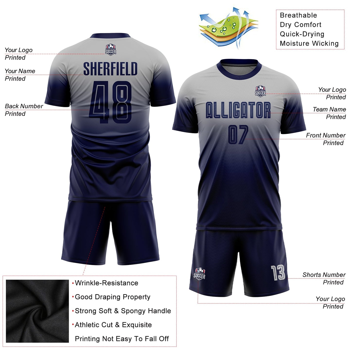 Custom Gray Navy Sublimation Fade Fashion Soccer Uniform Jersey view 3