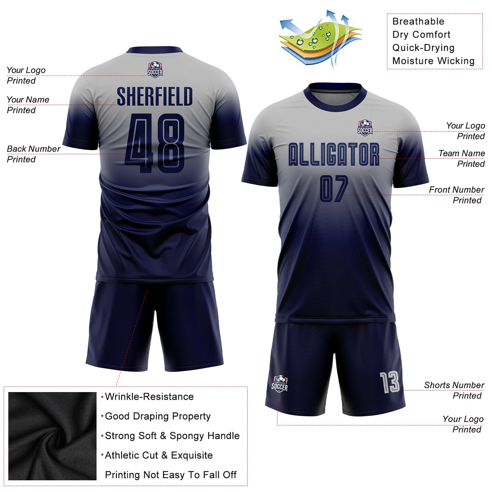 Custom Gray Navy Sublimation Fade Fashion Soccer Uniform Jersey view 3