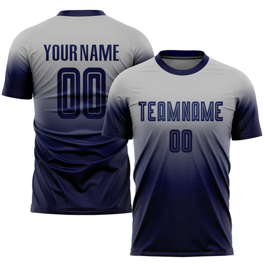 Custom Gray Navy Sublimation Fade Fashion Soccer Uniform Jersey - Main View