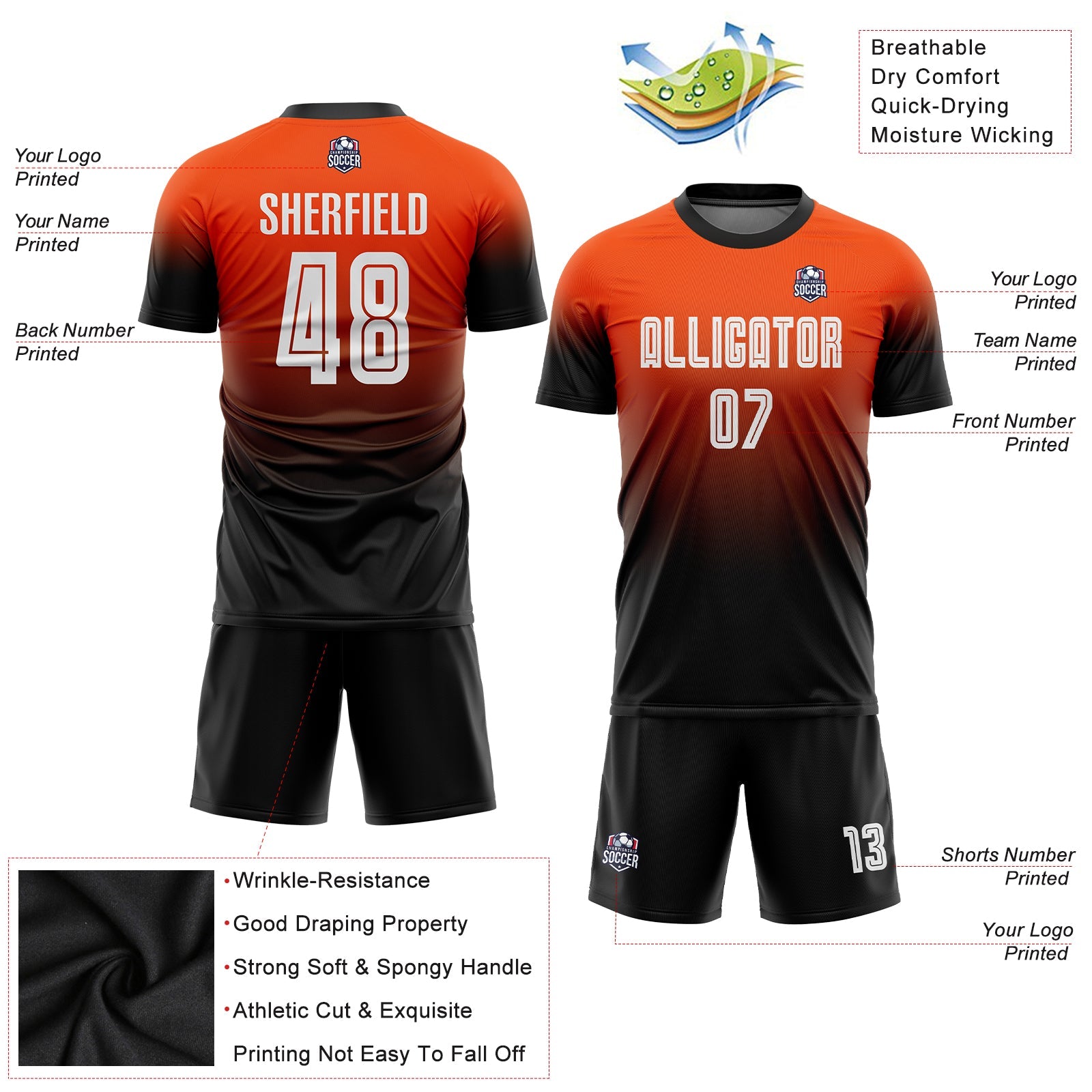 Custom Orange White-Black Sublimation Fade Fashion Soccer Uniform Jersey view 6